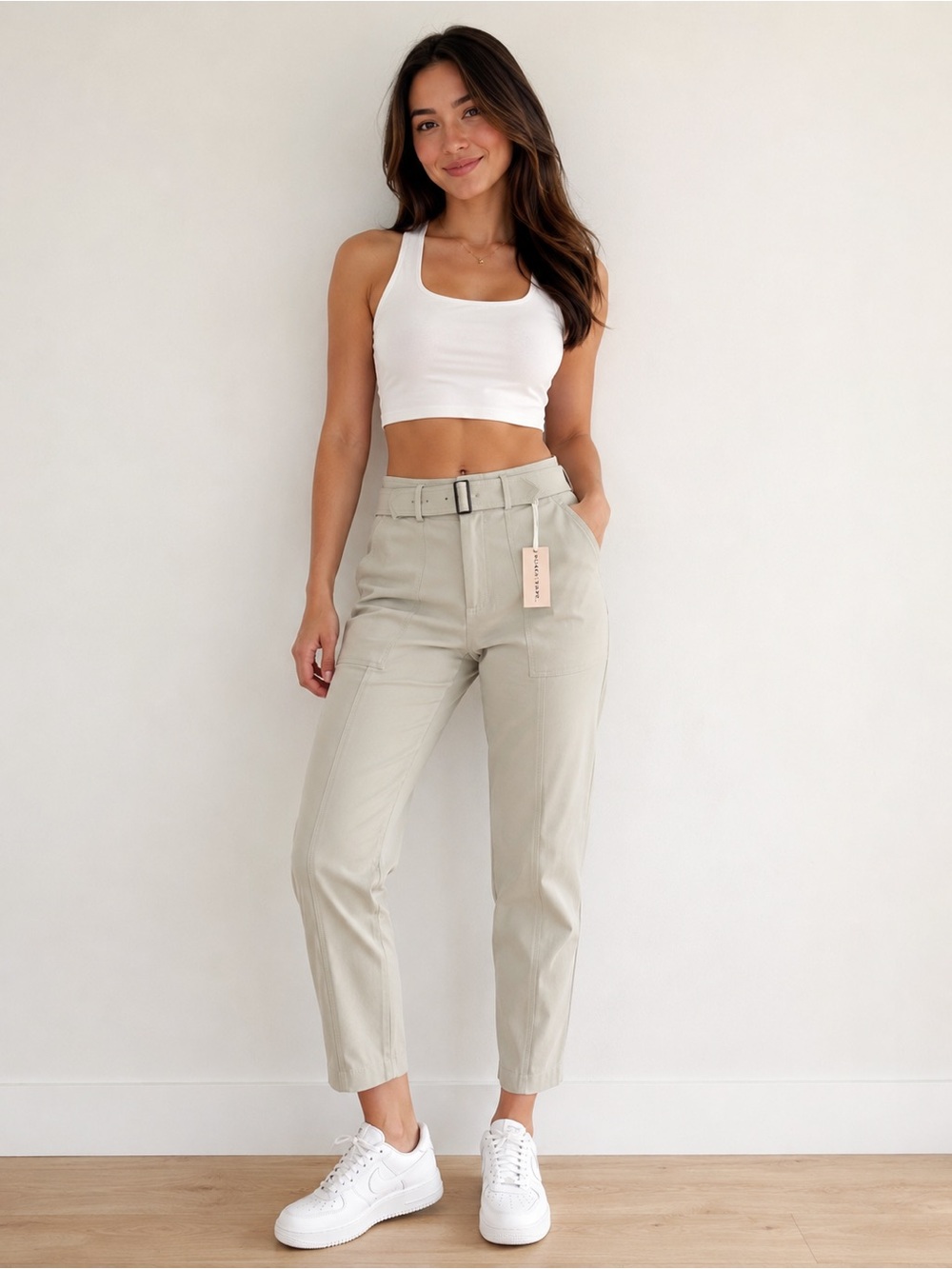 Black Tape_Women’s High Rise Belted Utility Ankle Pants Ivory/Cream Size Medium
